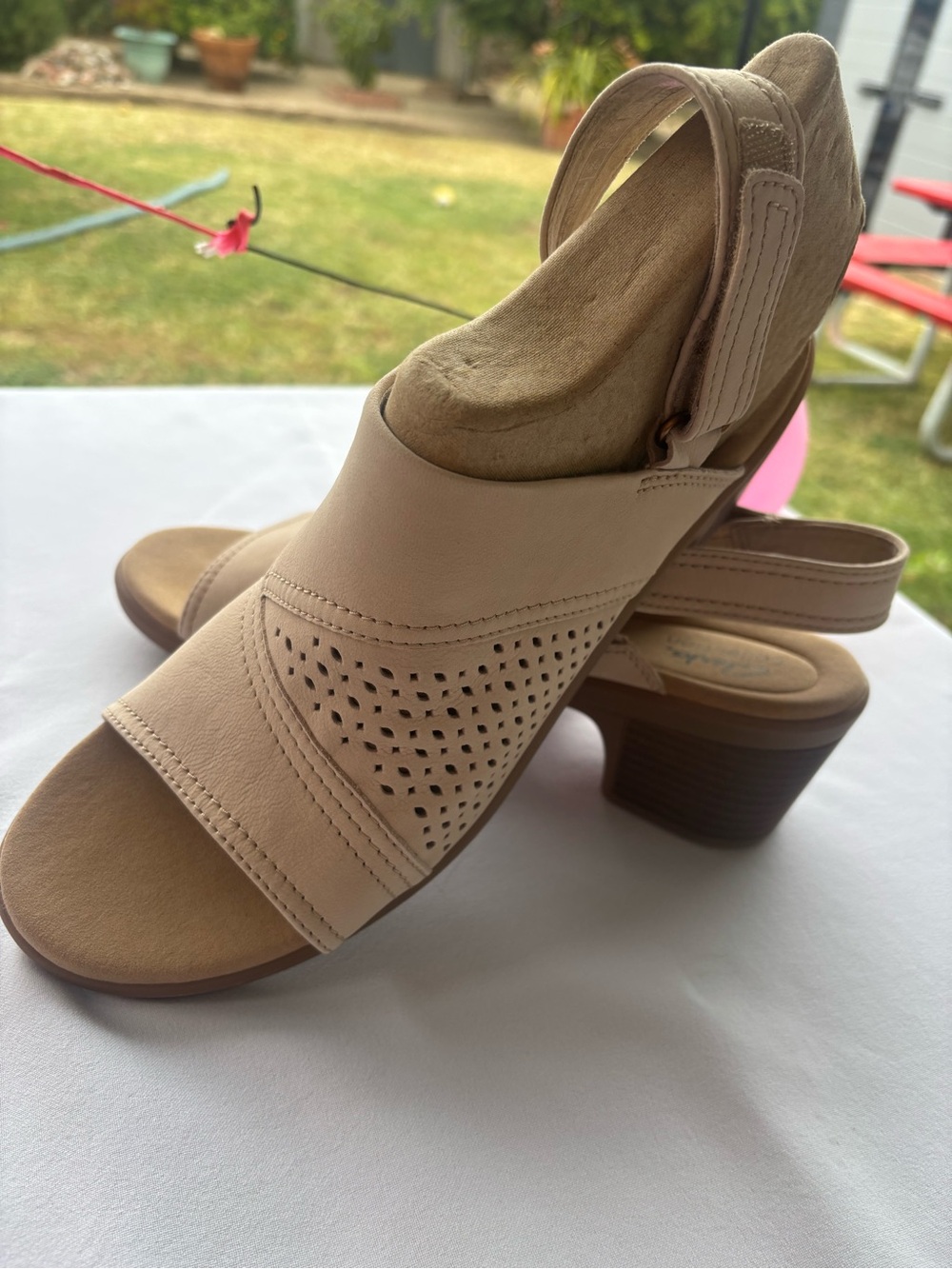 Clarks Beige Perforated Slingback Block Heel Sandal